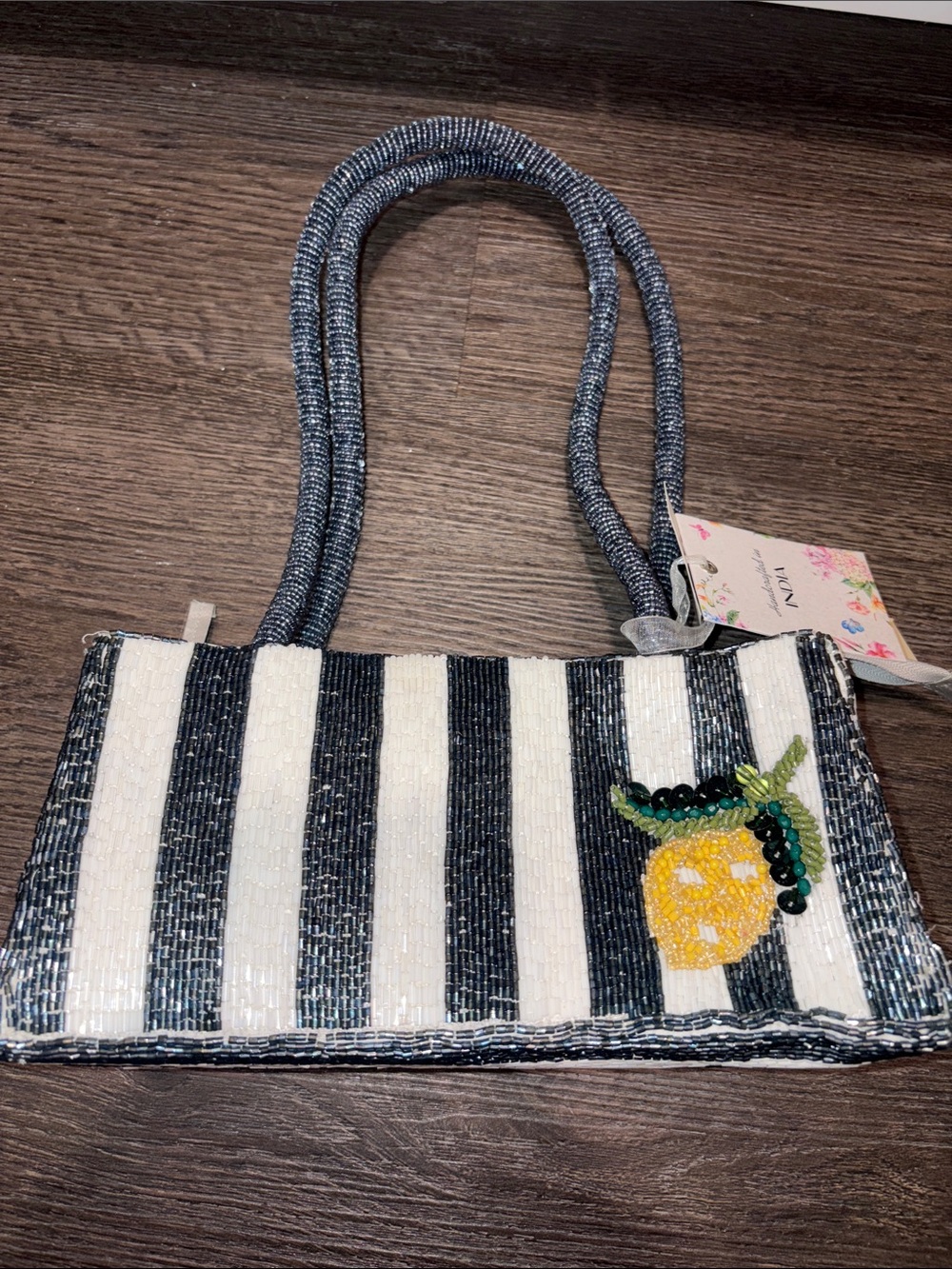 T.J.Maxx Black & White Striped Beaded Lemon Shoulder Bag